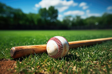 Baseball bat and ball on a baseball field