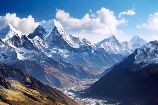 The beauty of a majestic and snow capped mountain range, with rugged peaks, 