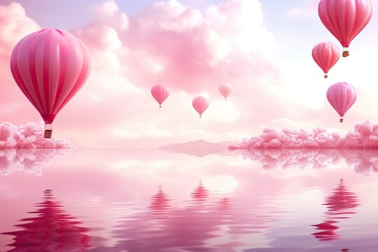 Bright pink ethereal cloudy landscape, hearts, roses, balloons, and wedding concept. Generative AI