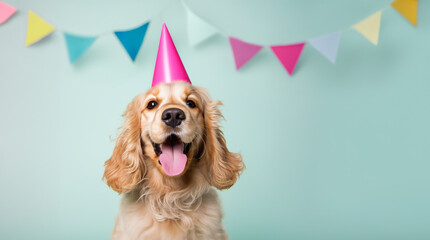 Happy cocker spaniel celebrating at a birthday party