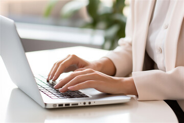 hands typing on laptop keyboard at table, close up view