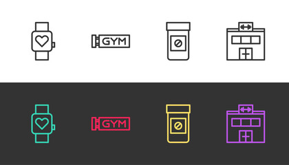 Set line Smart watch, Location gym, Anabolic drugs and Gym building on black and white. Vector