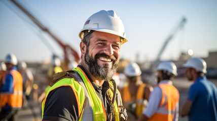 Happy of team construction worker. Engineer, construction and team or manager outdoor for civil engineering and building. Engineering, construction site and team outdoor for building project. - obrazy, fototapety, plakaty