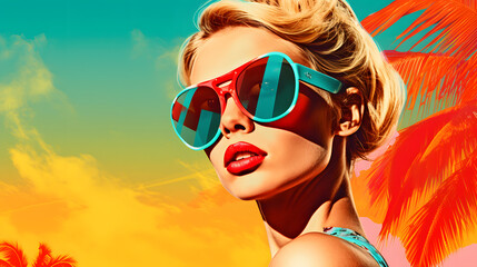 pop art collage of a blonde teenage girl with summer sunglasses on a palm tree summer vibe background, colorful abstract theme pop art concept, portrait of an adult woman in sunglasses, summer vibes