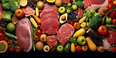 Different types of meats, vegetables, and fruits lay in supermarkets. Generative AI