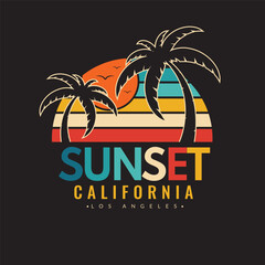 Fototapeta premium Retro vintage California sunset logo badges on black background graphics for t-shirts and other print production. Vector illustration for design. 70s-style concept.
