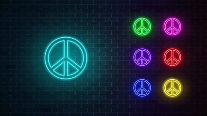 Peace neon icon set. Glowing neon sign. Vector illustration