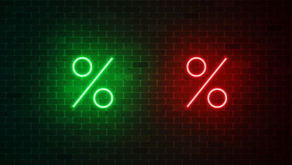 Percentage glowing neon sign. Percent green and red icon. Vector illustration