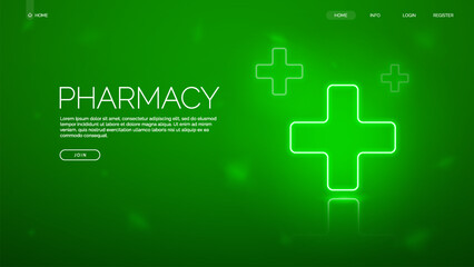 Pharmacy banner with a medical green cross. Glowing neon plus. Vector illustration