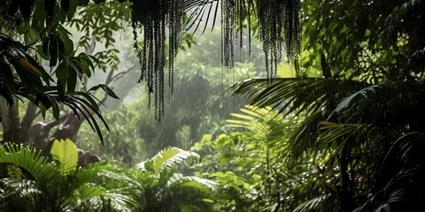 Rain falls in a rainforest with the rain drops. Generative AI - obrazy, fototapety, plakaty