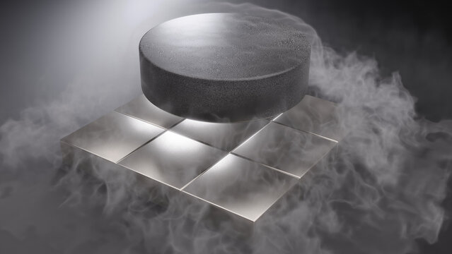 3d render of a superconducting material hovering over a set of neodymium magnets.
