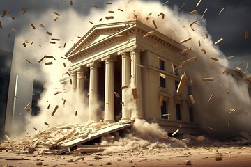 Bank collapse. A bank or financial institution, going down failing or collapsing.  - obrazy, fototapety, plakaty