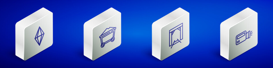 Set Isometric line Gem stone, Mine coal trolley, entrance and Flashlight icon. Vector