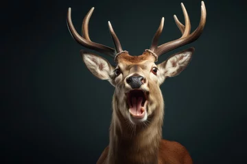 Schilderijen op glas Happy surprised deer with open mouth. © vlntn