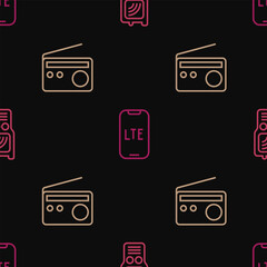 Set line Walkie talkie, Radio and LTE network on seamless pattern. Vector