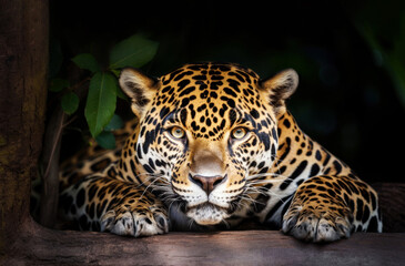 Close-up of a Jaguar lying on a river bank among trees