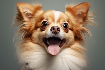 Happy surprised dog with open mouth.