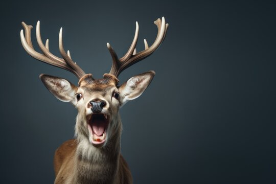 Happy surprised deer with open mouth.