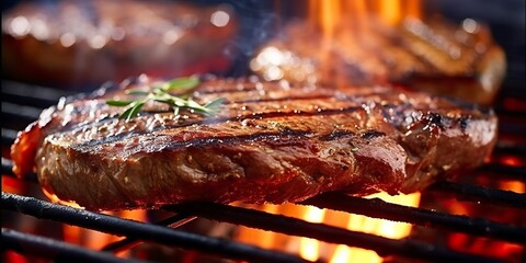 Fototapeta na wymiar Beef ribeye steak grilling on a flaming grill. 
