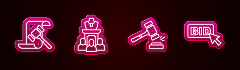 Set line Auction hammer, jewelry sale, and Bid. Glowing neon icon. Vector