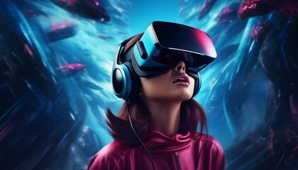 Woman Engaged in a Surreal World Through VR Headset. Generative ai