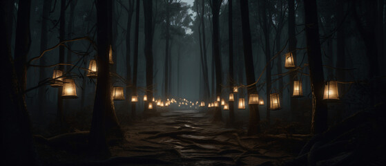 A mystical forest illuminated by lanterns Generative Ai