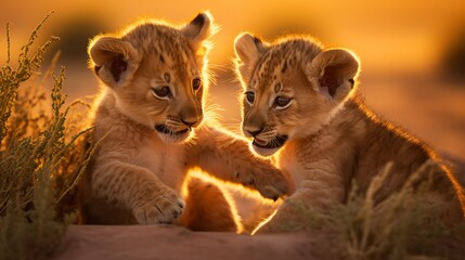 a group of young small teenage lions playing with each other and roaring in the desert, ultra wide...