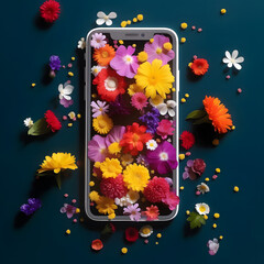 Colorful flowers coming out of a mobile phone. Dark background. Minimal concept of ecology and social networks.