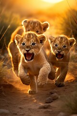 a group of young small teenage lions playing with each other and roaring in the desert, ultra wide...