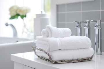 the world's softest towels against a minimalistic background. Stacked white towels sit on top of a soap dish in a bathroom. AI Generative - obrazy, fototapety, plakaty