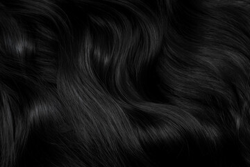 Brunette or black hair. Female long dark hair in black. Beautifully laid curls. Closeup texture in a dark key. Hairdressing, hair care and coloring. Shading gray hair. Background with copy space.