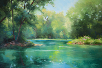 A watercolor painting of a calm river in the jungle Generative Ai