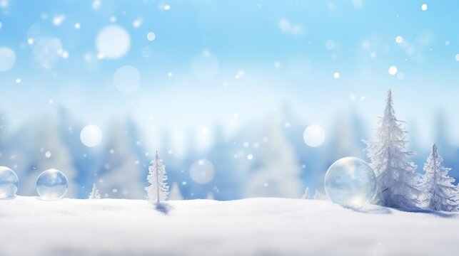 Snowy background with bokeh trees and baubles 