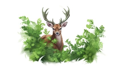 Obraz na płótnie Canvas Illustration of a deer with green leaves, white background. AI Generative