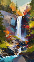 An impressionist oil painting of a waterfall in a lush forest setting Generative Ai