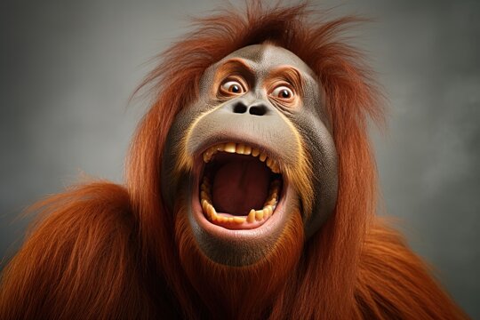 Happy surprised monkey orangutan with open mouth.
