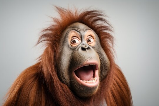 Happy surprised monkey orangutan with open mouth.