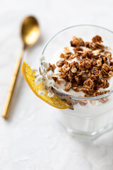Natural yogurt with homemade granola, dessert in a glass