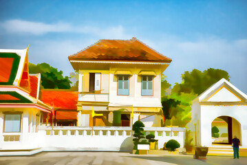 Thai building style with watercolor painting photo effect