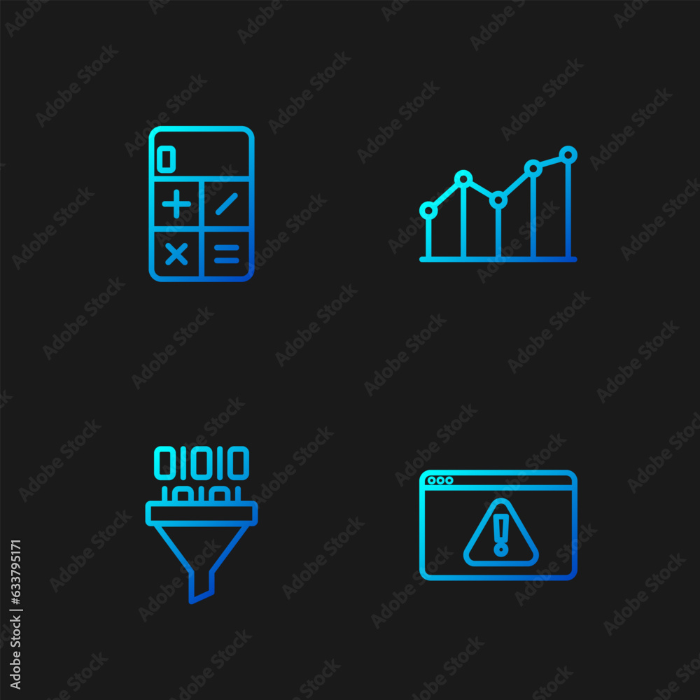 Poster set line browser with exclamation mark, binary code, calculator and pie chart infographic. gradient 