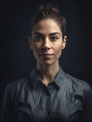 Obraz premium A portrait shot of a Latina woman wearing a blue t-shirt on a black background Generative Ai