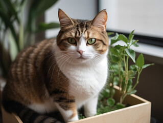 A cat sitting inside a planter with a plant Generative Ai