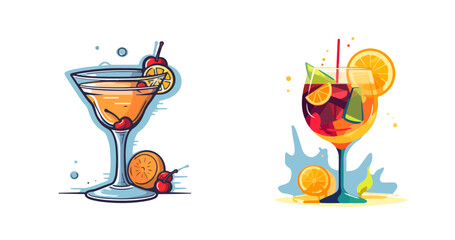 Alcohol drinks sticker set in trendy flat design style. Popular cocktails