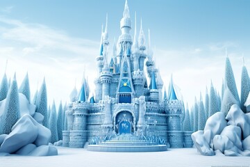 Magic Castle in a winter wonderland. Fantasy snowy landscape. Winter castle on the mountain, winter forest.