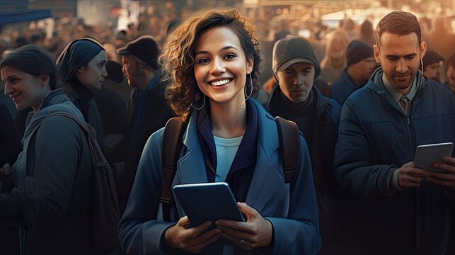 Lifestyle And Technology Smart Attractive Casual Woman Using Smartphone On The Street At Night Between Crowd Of People Urban City Downtown Background,ai Generate