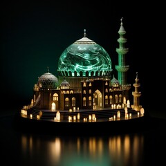 Beautiful mosque with a green dome isolated on black background generative ai