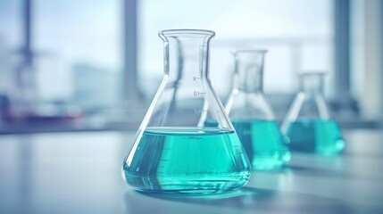A Science Beaker in the laboratory on a table white and light blue background. laboratory equipment out of focus. AI Generative