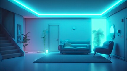 Empty Wall in a Futuristic Sci Fi Living Room with Light Yellow, Light Cyan, and Light Blue Neon. AI Generative