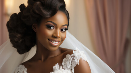 Beautiful afro american young bride in wedding dress close up