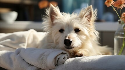 Pure bliss: A white dog, post-spa, reclines on a towel, embracing relaxation with a refreshed aura. - Powered by Adobe